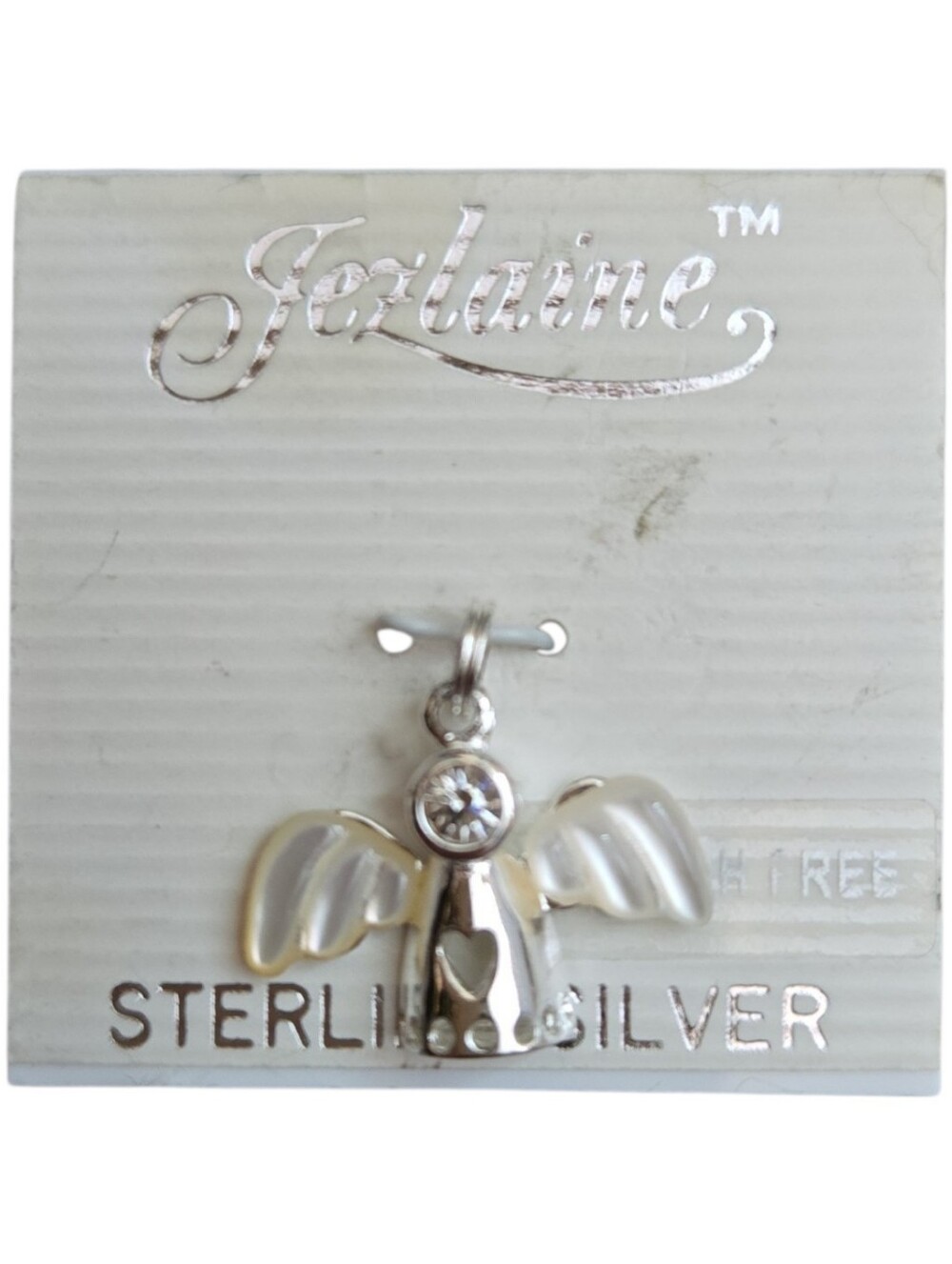 NWT Jezlaine Vintage Angel Necklace Charm Mother Of Pearl, Crystal,Sterling S